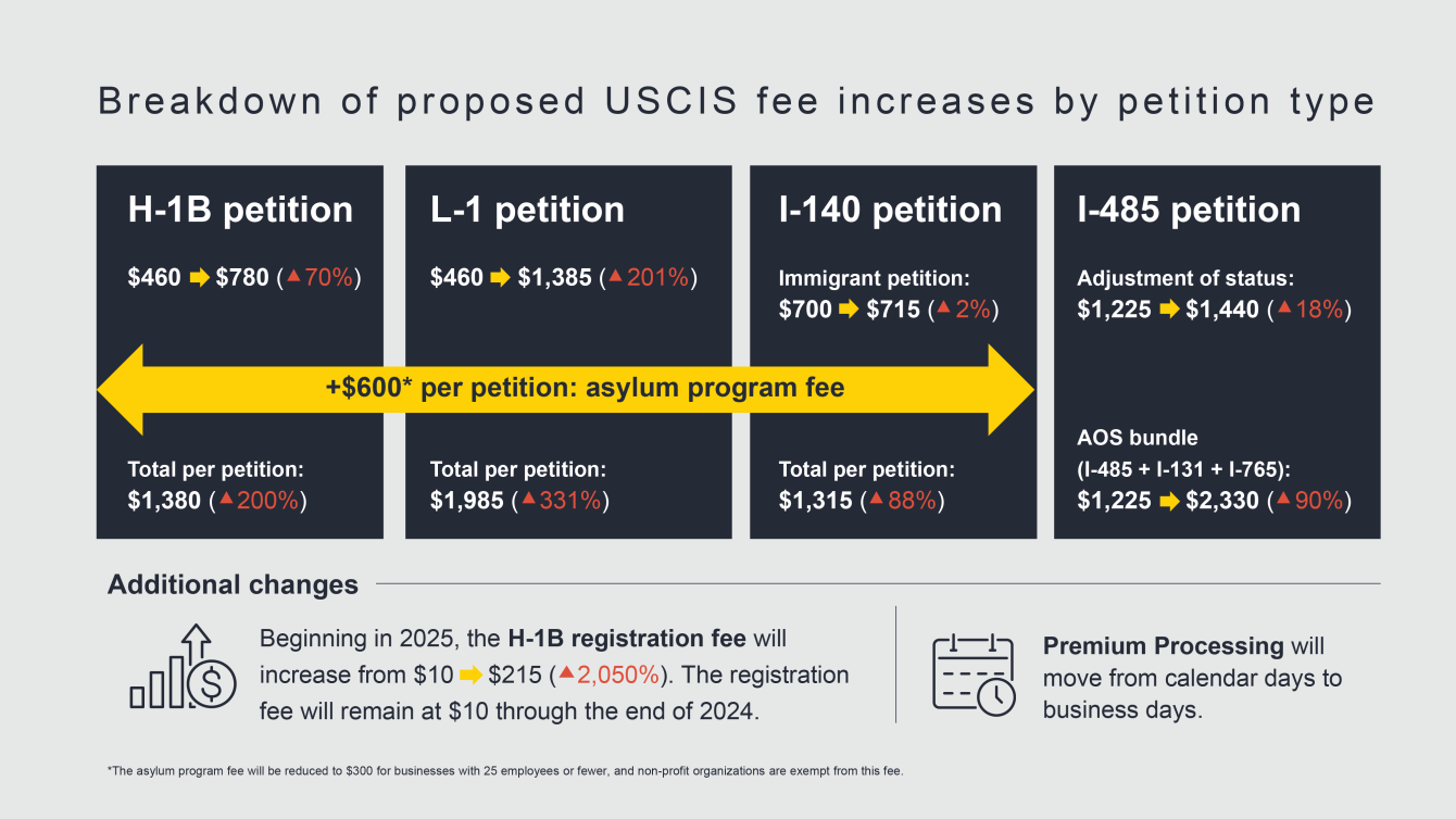 Breakdown of proposed USCIS fee increases by petition type